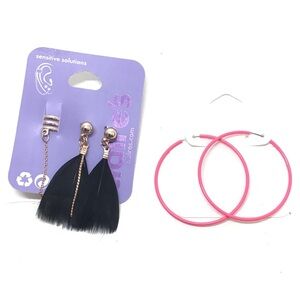 (2 pairs) Claire’s & Icing Neon Pink Hoop Feather Dangle Cuff Pierced Earrings